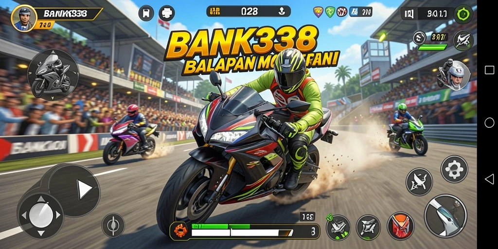 Screenshot utama BANK338 menampilkan aksi balapan motor yang intens.
