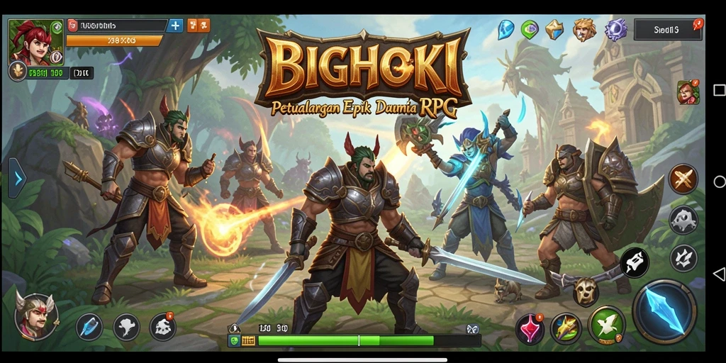 Gambar layar permainan BIGHOKI dengan aksi pertarungan RPG yang mendebarkan.