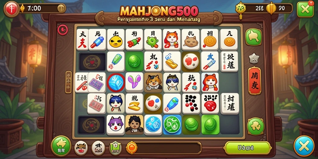 Screenshot gameplay MAHJONG500 menampilkan aksi Match-3 yang seru.