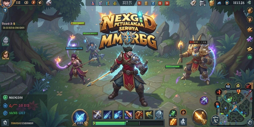 Screenshot utama <strong>NEXGID</strong> menampilkan pertarungan epik antara karakter dan monster.