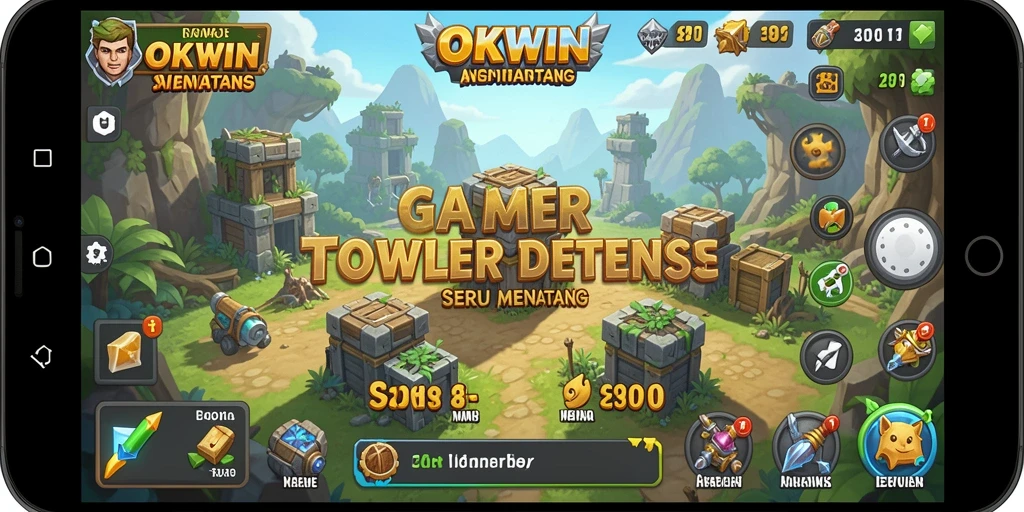 Tampilan seru gameplay OKWIN dalam mengatur menara Tower Defense.